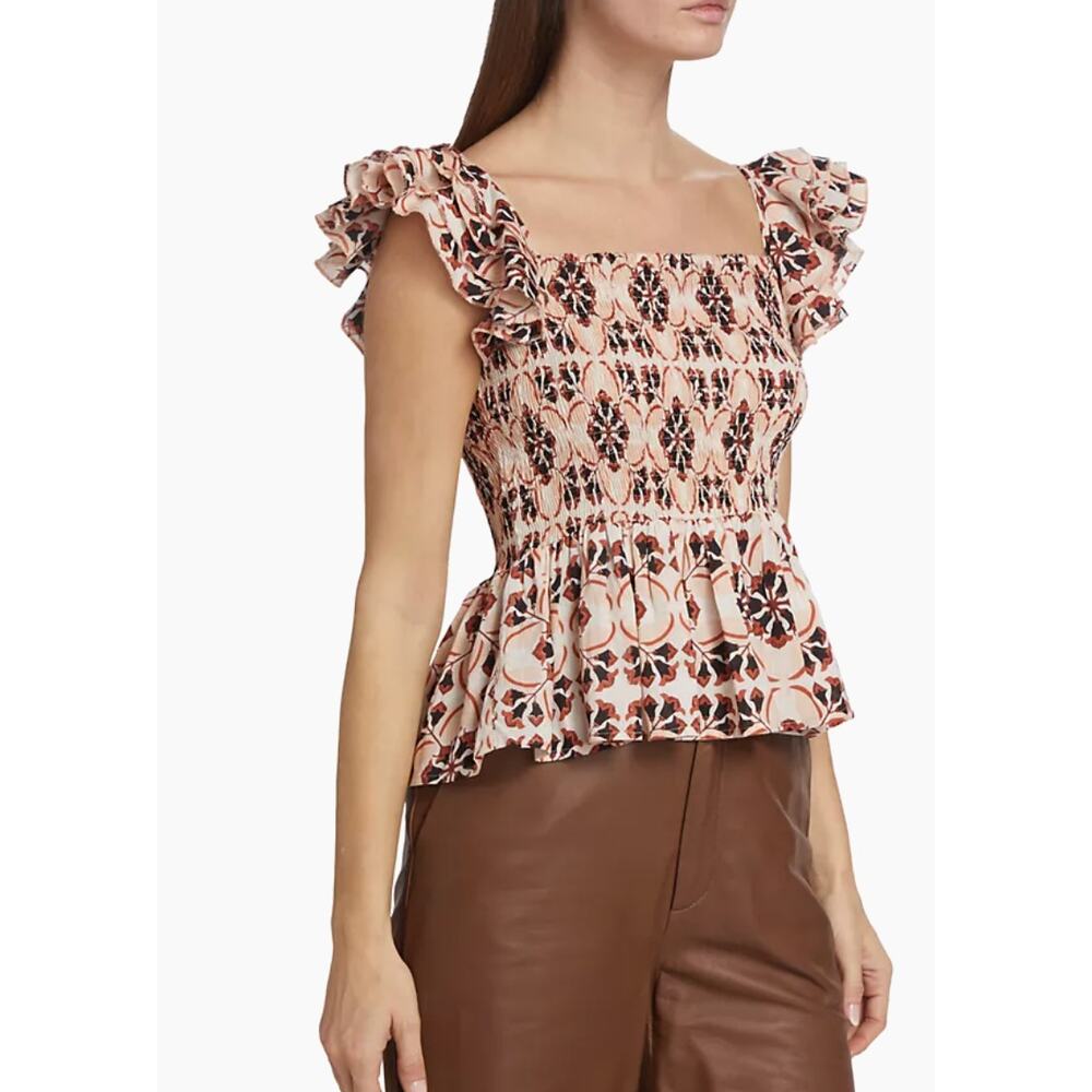 Mille Athena Smocked Peplum Ruffle Sleeve Geometric Print Top NEW X-Large